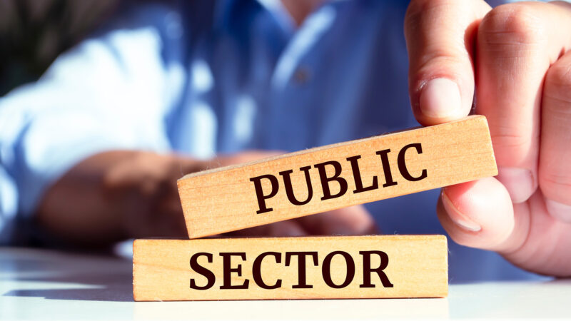 A veteran holding up wooden blocks with 'public sector' on them.